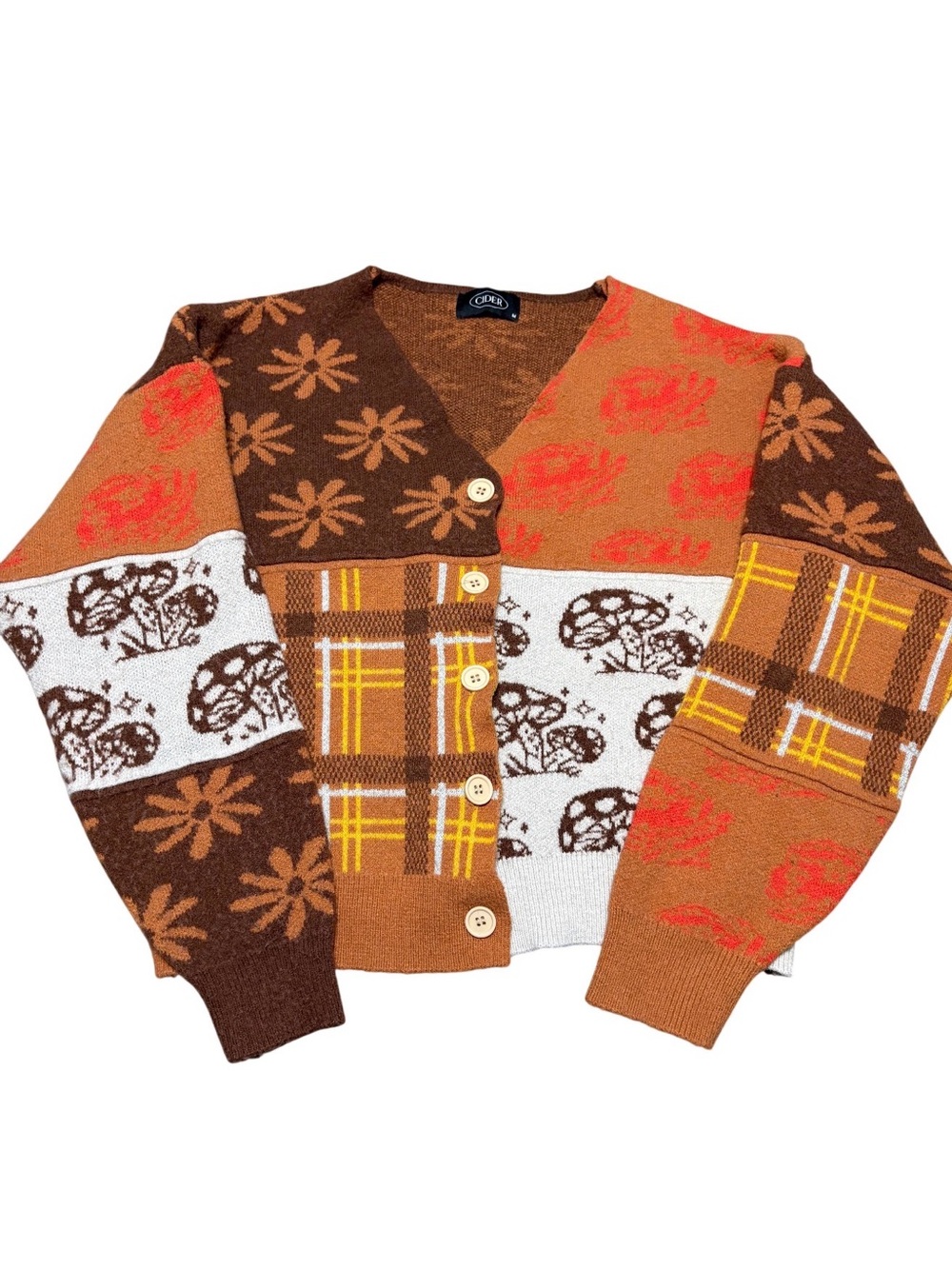 Cider Mushroom Floral Plaid Patchwork Cardigan Sweater Brown Size M